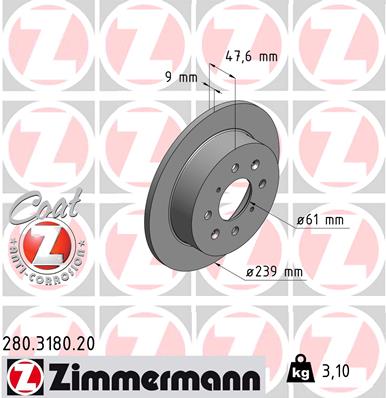 ZIMMERMANN Bremseskive 280318020 bagaksel fuld 239mm 9mm for HONDA