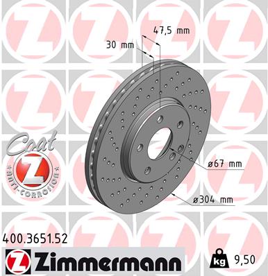 ZIMMERMANN Bremseskive 400365152 foraksel perforeret 304mm 30mm for MERCEDES-BENZ
