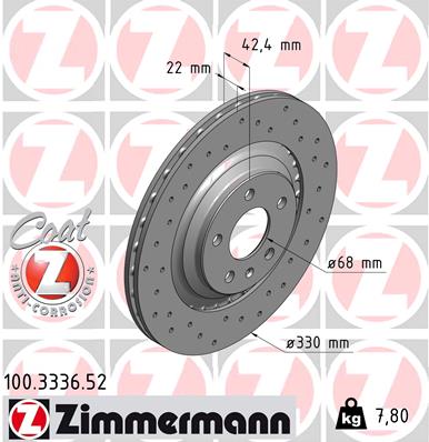 ZIMMERMANN Bremseskive 100333652 bagaksel perforeret 330mm 22mm for VAG