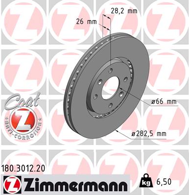 ZIMMERMANN Bremseskive 180301220 foraksel udvendig ventileret 282mm 26mm for CITROËN/PEUGEOT