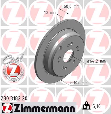 ZIMMERMANN Bremseskive 280318220 bagaksel fuld 302mm 10mm for HONDA