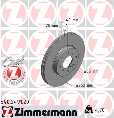 ZIMMERMANN Bremseskive 540249120 foraksel ventileret 252mm 20mm for OPEL SUZUKI