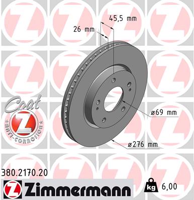 ZIMMERMANN Bremseskive 380217020 foraksel ventileret 276mm 26mm for MITSUBISHI