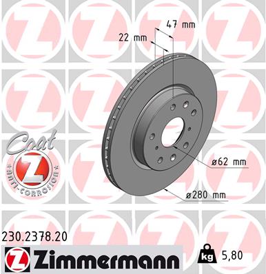 ZIMMERMANN Bremseskive 230237820 foraksel ventileret 280mm 22mm for FIAT SUZUKI
