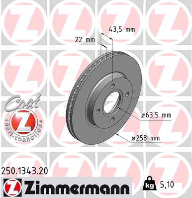 ZIMMERMANN Bremseskive 250134320 foraksel ventileret 258mm 22mm for FORD MAZDA