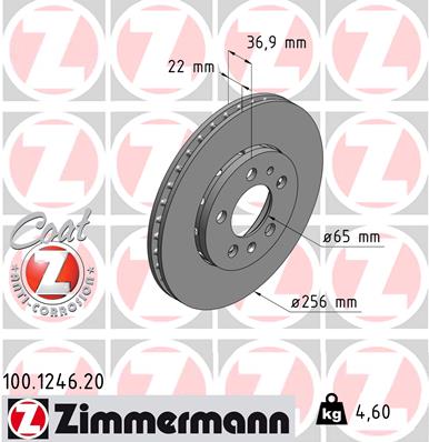 ZIMMERMANN Bremseskive 100124620 foraksel udvendig ventileret 256mm 22mm for AUDI