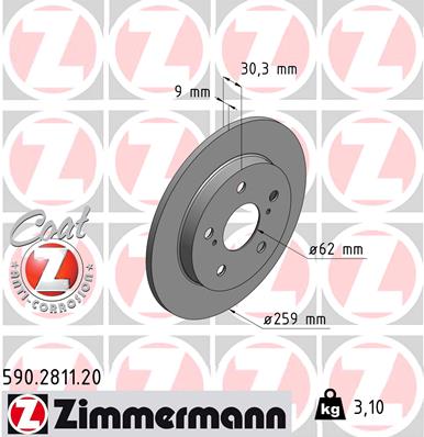 ZIMMERMANN Bremseskive 590281120 bagaksel fuld 259mm 9mm for TOYOTA (FAW) TOYOTA