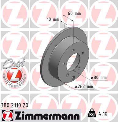 ZIMMERMANN Bremseskive 380211020 bagaksel fuld 262mm 10mm for MITSUBISHI