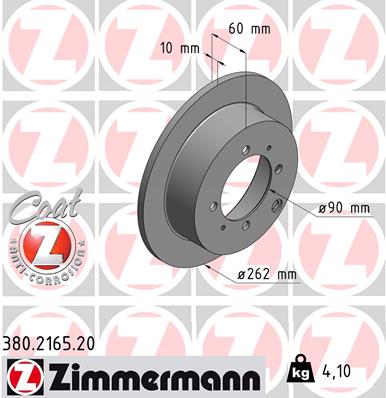 ZIMMERMANN Bremseskive 380216520 bagaksel fuld 262mm 10mm for MITSUBISHI