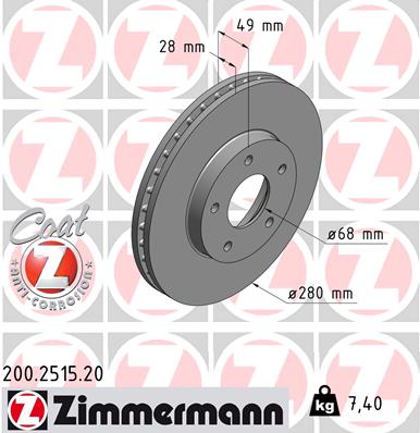 ZIMMERMANN Bremseskive 200251520 foraksel ventileret 280mm 28mm for NISSAN