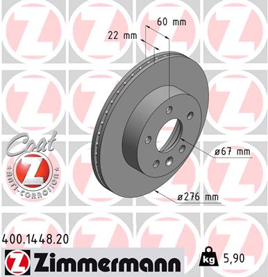ZIMMERMANN Bremseskive 400144820 foraksel ventileret 276mm 22mm for MERCEDES-BENZ