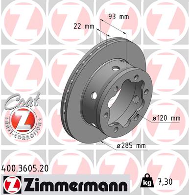 ZIMMERMANN Bremseskive 400360520 bagaksel ventileret 285mm 22mm for MERCEDES-BENZ VAG