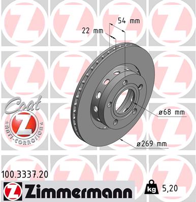 ZIMMERMANN Bremseskive 100333720 bagaksel udvendig ventileret 269mm 22mm for VAG