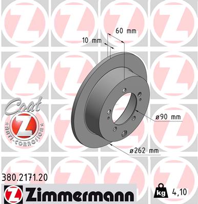 ZIMMERMANN Bremseskive 380217120 bagaksel fuld 262mm 10mm for MITSUBISHI
