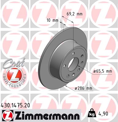 ZIMMERMANN Bremseskive 430147520 bagaksel fuld 286mm 10mm for OPEL SAAB