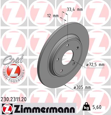 ZIMMERMANN Bremseskive 230231120 bagaksel fuld 305mm 12mm for CHRYSLER FIAT VAG