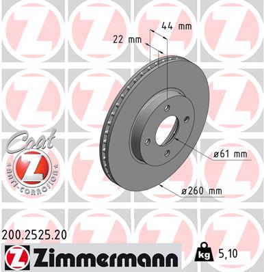 ZIMMERMANN Bremseskive 200252520 foraksel ventileret 260mm 22mm for NISSAN