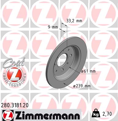 ZIMMERMANN Bremseskive 280318120 bagaksel fuld 239mm 9mm for HONDA HONDA (GAC)