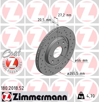 ZIMMERMANN Bremseskive 180201852 foraksel perforeret 266mm 20mm for CITROËN/PEUGEOT