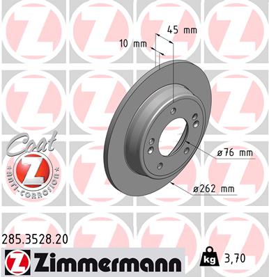 ZIMMERMANN Bremseskive 285352820 bagaksel fuld 262mm 10mm for HYUNDAI KIA (DYK) KIA