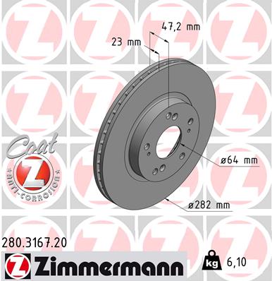 ZIMMERMANN Bremseskive 280316720 foraksel ventileret 282mm 23mm for HONDA