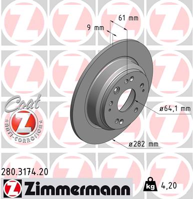ZIMMERMANN Bremseskive 280317420 bagaksel fuld 282mm 9mm for HONDA