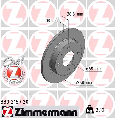 ZIMMERMANN Bremseskive 380216720 bagaksel fuld 250mm 10mm for MITSUBISHI SMART