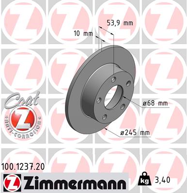 ZIMMERMANN Bremseskive 100123720 bagaksel fuld 245mm 10mm for AUDI