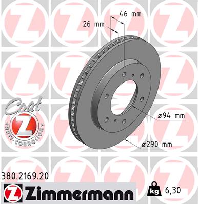 ZIMMERMANN Bremseskive 380216920 foraksel ventileret 290mm 26mm for MITSUBISHI