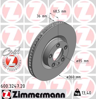 ZIMMERMANN Bremseskive 600324720 venstre foraksel ventileret 360mm 36mm for PORSCHE VAG