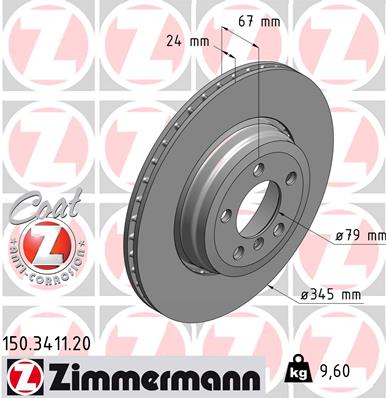ZIMMERMANN Bremseskive 150341120 bagaksel udvendig ventileret 345mm 24mm for BMW
