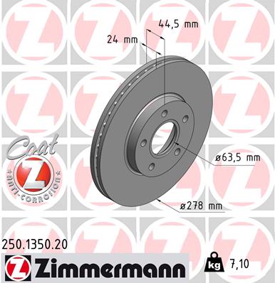 ZIMMERMANN Bremseskive 250135020 foraksel indvendig ventileret 278mm 24mm for FORD