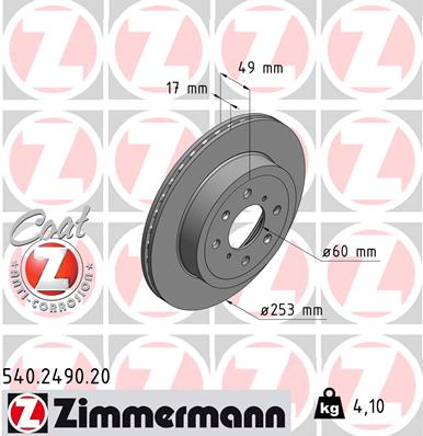 ZIMMERMANN Bremseskive 540249020 foraksel ventileret 253mm 17mm for OPEL SUZUKI