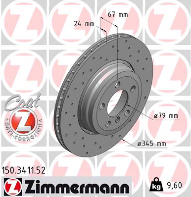 ZIMMERMANN Bremseskive 150341152 bagaksel perforeret 345mm 24mm for BMW