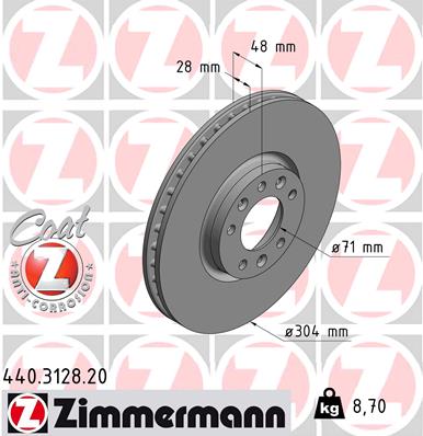 ZIMMERMANN Bremseskive 440312820 foraksel ventileret 304mm 28mm for CITROËN/PEUGEOT OPEL IVECO TOYOTA
