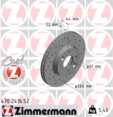 ZIMMERMANN Bremseskive 470241652 foraksel perforeret 260mm 22mm for NISSAN RENAULT