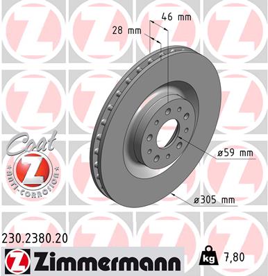 ZIMMERMANN Bremseskive 230238020 foraksel ventileret 305mm 28mm for OPEL FIAT