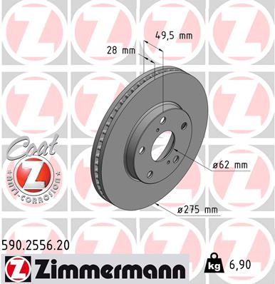 ZIMMERMANN Bremseskive 590255620 foraksel ventileret 275mm 28mm for TOYOTA