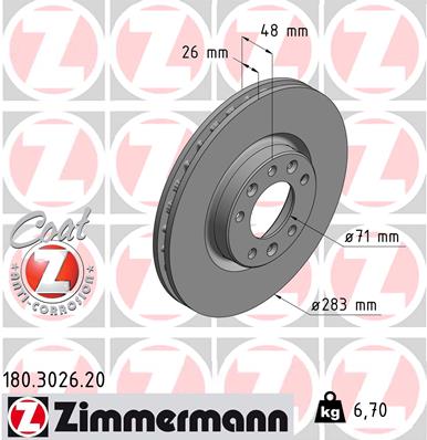 ZIMMERMANN Bremseskive 180302620 foraksel ventileret 283mm 26mm for CITROËN/PEUGEOT