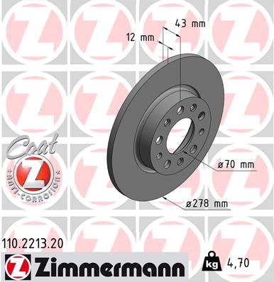 ZIMMERMANN Bremseskive 110221320 bagaksel fuld 278mm 12mm for ALFA ROMEO JEEP FIAT JEEP (GAC FCA)