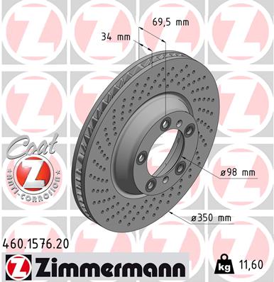 ZIMMERMANN Bremseskive 460157620 venstre foraksel perforeret 350mm 34mm for PORSCHE