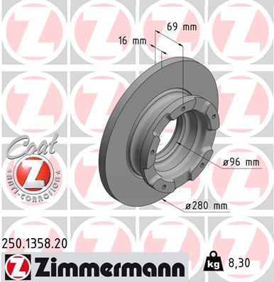 ZIMMERMANN Bremseskive 250135820 bagaksel fuld 280mm 16mm for FORD