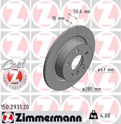 ZIMMERMANN Bremseskive 150293120 bagaksel fuld 280mm 10mm for BMW BMW (BRILLIANCE)