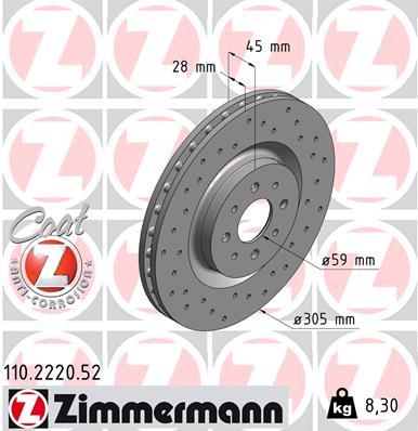 ZIMMERMANN Bremseskive 110222052 foraksel perforeret 305mm 28mm for ALFA ROMEO