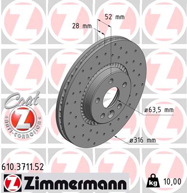 ZIMMERMANN Bremseskive 610371152 foraksel perforeret 316mm 28mm for FORD VOLVO (CHANGAN) LAND ROVER