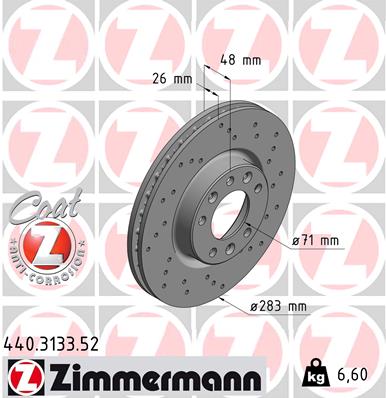 ZIMMERMANN Bremseskive 440313352 foraksel perforeret 283mm 26mm for CITROËN/PEUGEOT