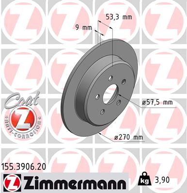 ZIMMERMANN Bremseskive 155390620 bagaksel fuld 270mm 9mm for CHRYSLER