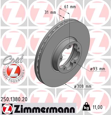 ZIMMERMANN Bremseskive 250138020 foraksel ventileret 308mm 31mm for FORD