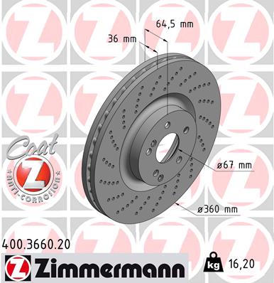 ZIMMERMANN Bremseskive 400366020 foraksel perforeret 360mm 36mm for MERCEDES-BENZ