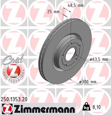 ZIMMERMANN Bremseskive 250135320 foraksel ventileret 300mm 25mm for VOLVO FORD VOLVO (CHANGAN)